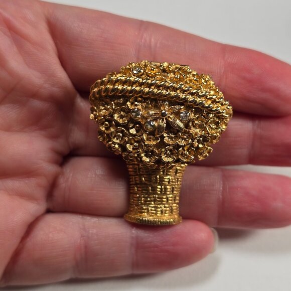 Avon Flower Basket Brooch Solid Perfume Locket Pin Signed Gold Toned Vintage 70s - Picture 8 of 10